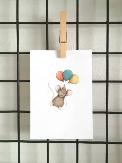Anillustration Ansichtkaart Muisje hangt aan ballonnen