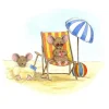 Anillustration Ansichtkaart Muisje aan het strand zonnebaden
